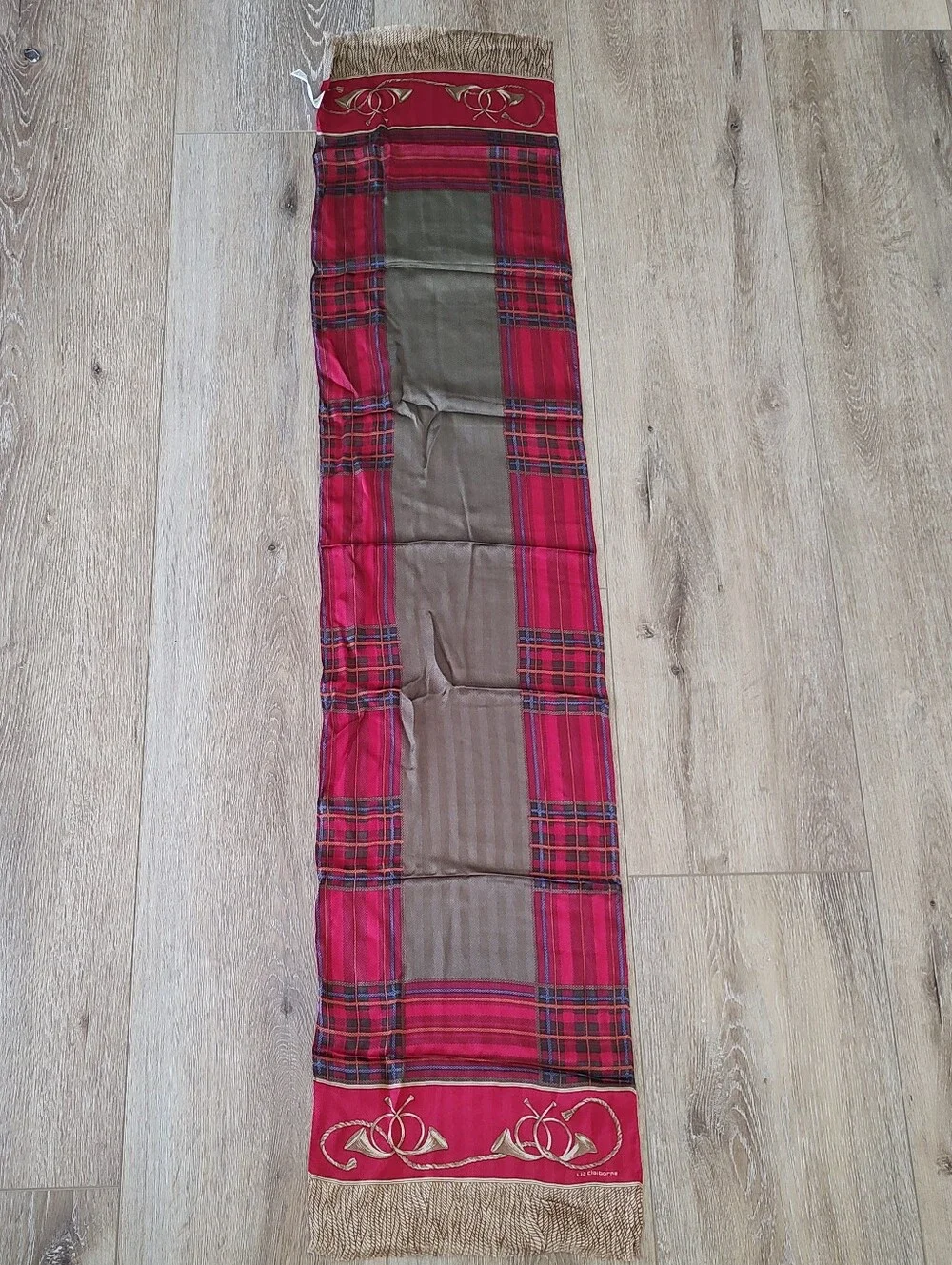 Vintage Liz Claiborne Japanese Silk Stole Scarf Equestrian Hunt Red Gold Horns